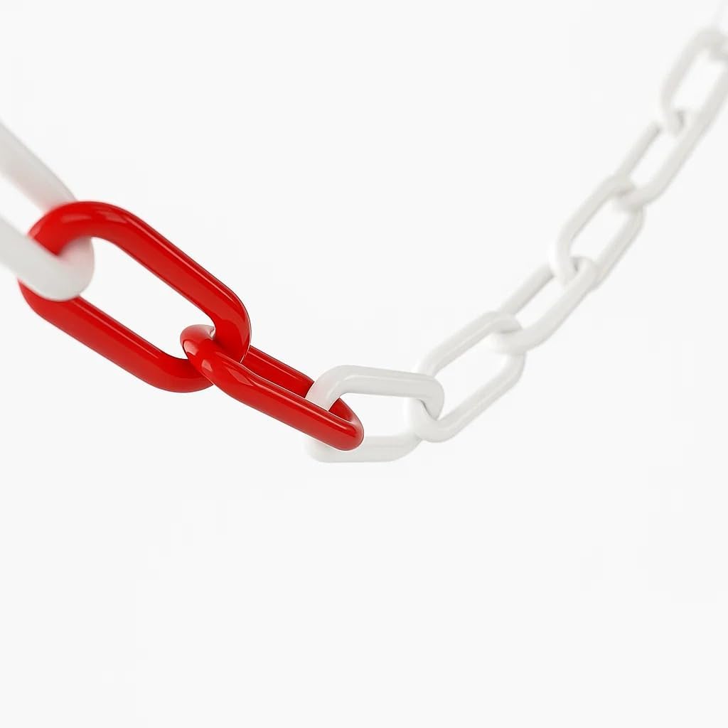 Red & White Plastic Chain Post Set (4 Posts, 32ft Chain) - Fillable Safety Barrier for Crowd Traffic Control, Car Parks and Demaraction