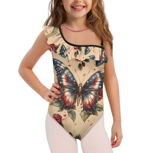Girls One Piece Swimsuit Teens U Back One Shoulder Ruffle Halter Summer Beach Wear Hawaii Bathing Suit for 3-14Y4