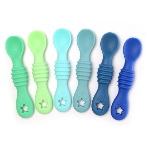 Image of PrimaStella 6-Piece Silicone Baby Feeding Spoons - First Stage Infant Spoons, Soft-Tip Baby Training Spoon - Infant Utensils Feeding Supplies - Dishwasher & Boil-proof (Blue /Green)