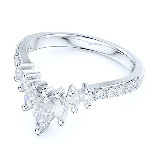 Sterling Silver Slight V Shaped Crown Simulated Marquise & Round Diamond Matching Ring Wedding Band3