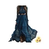Genérico Vestido Vintage de Mujer Estilo Western, Maxi Vestido Boho con Encaje, Manga Larga y Escote en V Profundo...