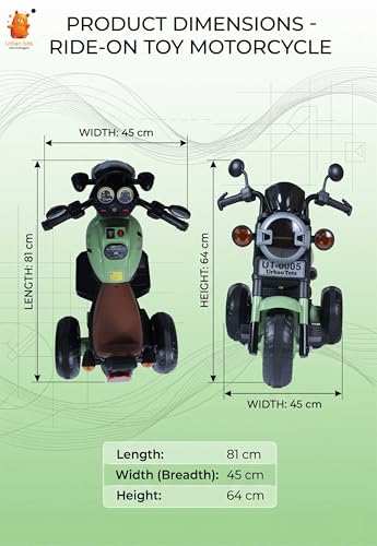 Image of Urban Tots 3-Wheel Electric Ride-On Bike for Kids | LED Lights, Music, USB & Bluetooth | Rechargeable Toy Bike | Age 3+ Years (Urban Bob, Green)