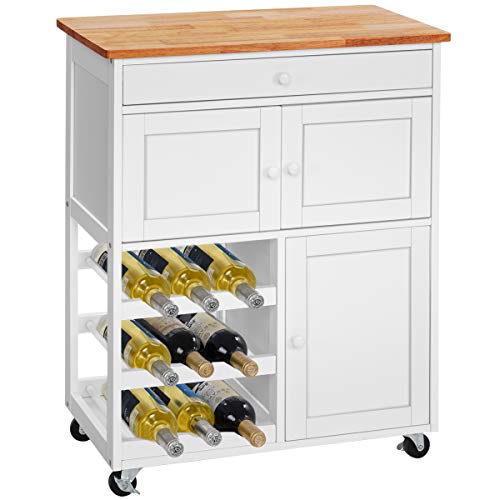 GOPLUS Chariot de Cusine, Desserte de Cuisine à 4 roulettes, Déplacement Facile, Multi-Rangement avec Tiroirs et Casier à Vin, Fait en Pin-Nature+Blanc-67 X 37 X 85CM Blanc