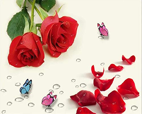 Traumpersönlichkeit Innen große 3d Tapete rote Rose Blume Schmetterling Wassertropfen TV Hintergrund Tapeten Wohnkultur - 200x140cm/79"x 55