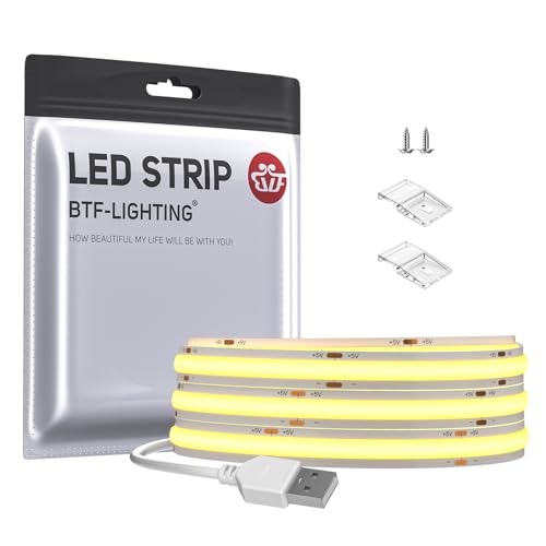 BTF-LIGHTING FCOB USB COB LED Strip 1m 320LEDs/m Koel wit 6000K DC5V zonder Dimmer RA90 Flexibele Hoge Dichtheid voor TV PC Monitor Achtergrondverlichting Slaapkamer DIY Binnenhuisdecoratie