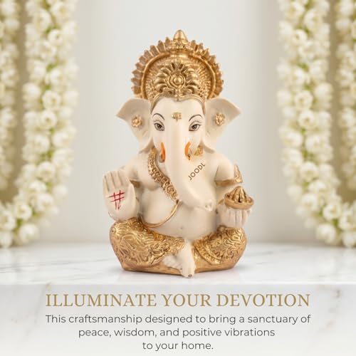 Image of Golden Legacy Cream and Gold Ganesha Idol - Divine Seated Ganpati Statue with Gold Accents for Home Mandir, Office Desk, and Car Dashboard - Auspicious Vastu Home Decor and Spiritual Gift