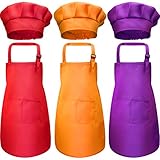 CHENGU 6 Pieces Kids Chef Hat Apron Set, Boys Girls Aprons for Kids Adjustable Aprons Kitchen Bib Aprons with 2 Pockets for Kitchen Cooking Baking Wear (Large, Color 4)