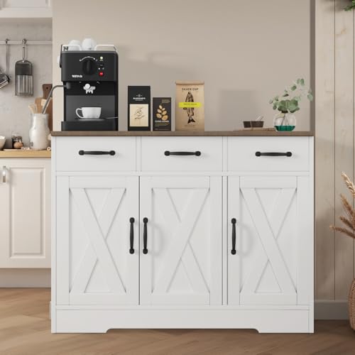 Oyajia Aparador moderno estilo rústico con puertas de granero, cajones y estantes, barra de café de madera con espacio de almacenamiento para cocina, comedor y sala de estar, color blanco