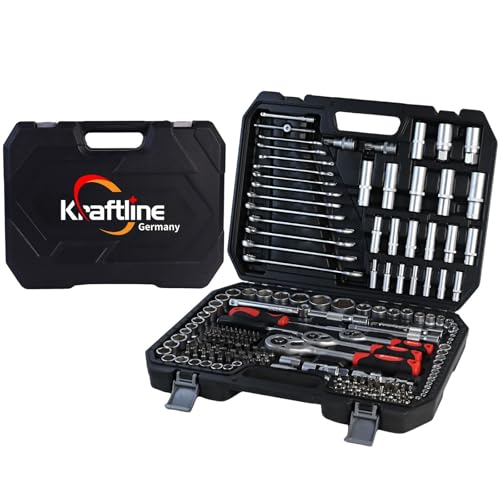 Kraftline® Werkzeugkoffer gefüllt 216-tlg, Werkzeug-Set Komplett bestückt für Heimwerker & Kfz, Werkzeugkasten Toolbox, Universal Werkzeuge Edelstahl Werkzeug-Sets für Werkstatt & Zuhause in Schwarz
