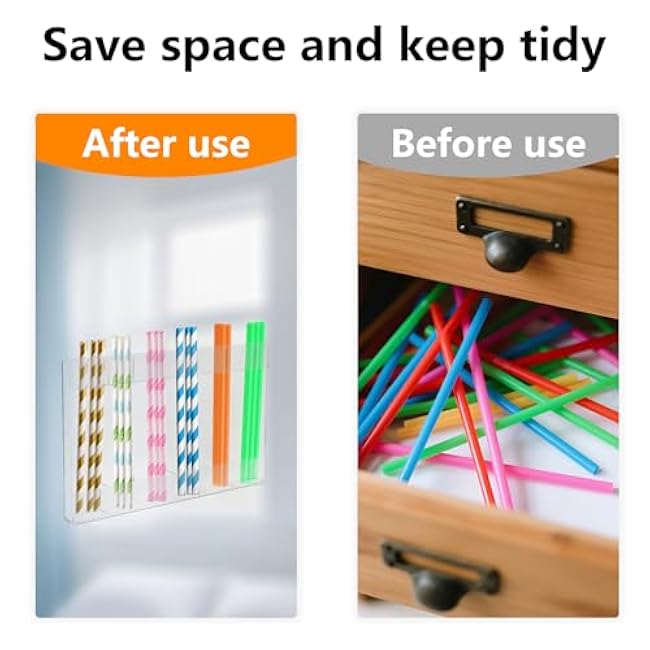 Acrylic Straw Holder, 6-Slot Tumbler Straw Organizer for Cabinet with Double-Sided Tape Reusable Dispenser & Storage Container for Kitchen Counter Cupboard (Transparent)