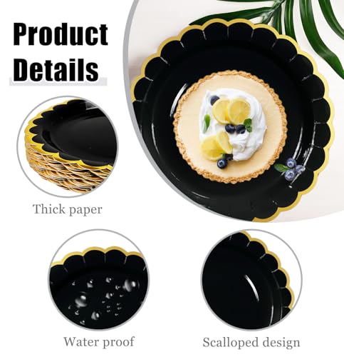 Image of HEIPINIUYE 50 Pieces Black Paper Plates with Gold Foil 7 Inch Disposable Black Scalloped Dinner Plates for Wedding Baby Shower Birthday Party Dessert Plate