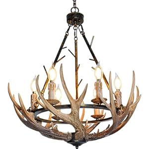 Rustic Antler Chandelier 6 Lights Farmhouse Chandeliers with Resin 6 Antlers and Retro Metal Wagon Wheel Chandelier Vintage Style for Dining Room Kitchen Island Living Room UL Listed