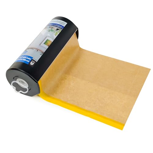 Image of Voomey Pre-Taped Masking Paper for Painting with Dispenser - 12 inch x 82 feet Tape and Drape Painters Paper for Covering Skirting, Frames, Cars and DIY Projects