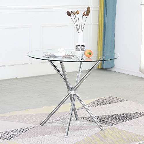 Round Glass Dining Table With Clear Tempered Glass Top, 4 Chrome Legs Round Table For 2 Or 4 Person, Modern Kitchen Table Furniture For Home Office Kitchen Dining Room(W 35.4 X L 35.4 X H 29.5 Inch) #TOP22