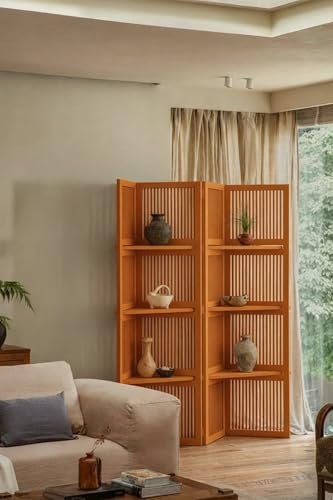 Image of Wooden Partition Divider for Living Room, Partition Wall, Privacy Divider, Freestanding Folding Panels for (6 Feet 5 Panel with 3 Shelve) (6 Feet 4 Panel Orange Shelves)