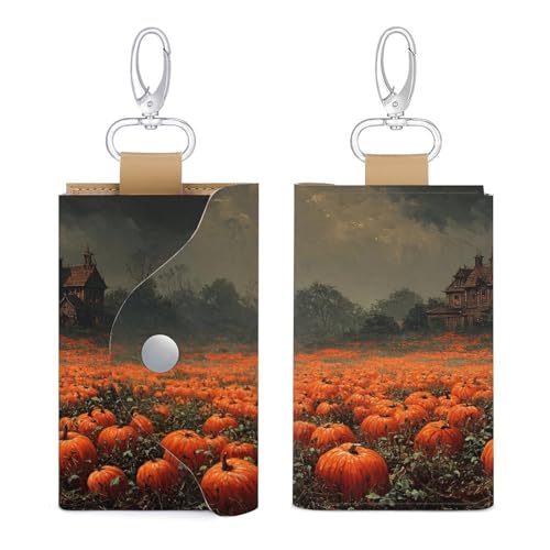 Halloween Pumpkins Field Spooky Houses Key Holder Bag PU Leather ID Card Holder Keychains Case Cover for Men Women3
