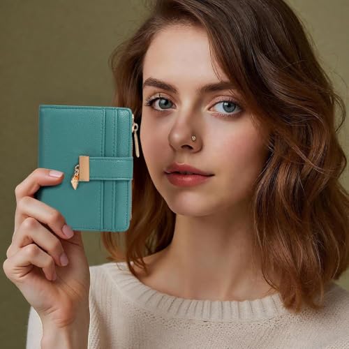 Image of Pomelo Best Wallet Women Bifold Leather Wallets for Women Credit Card Holder with ID Window Zipper Coin Pocket Teal Blue