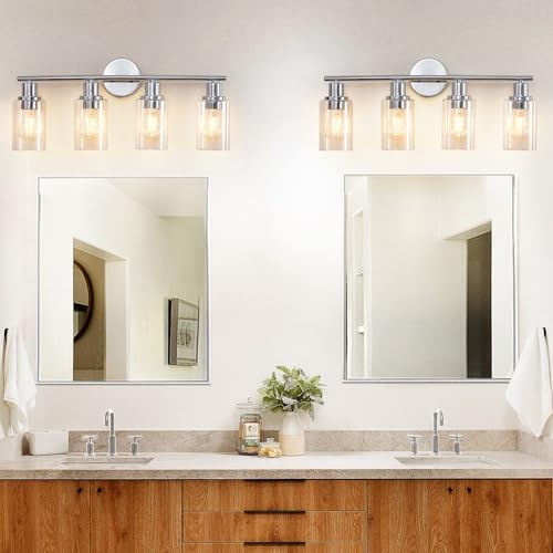 Image of DLLT 4-Light Bathroom Light Fixtures: Chrome Modern Vanity Lights with 4 E26 Bulbs - Clear Glass Shade Bathroom Wall Lamp for Mirror Kitchen Living Room Hallway Cabinet Porch