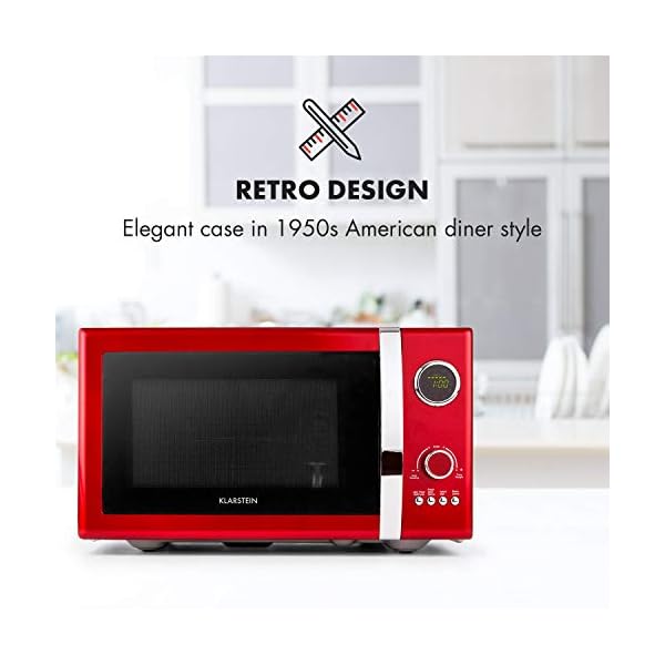 Klarstein Fine Dinesty - Mikrowelle, Mikrowellenofen mit Grill, Retro, Metall-Gehäuse, 23L Garraum, 800W Mikrowellenleistung, 1000W Grillleistung, Timer, 12 Programme, LCD-Display, rot – Bild 4