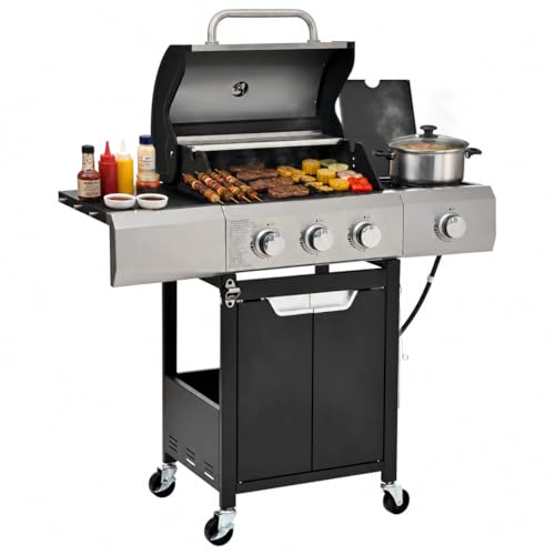 Endark 3-burner propane grill, 40,500 BTU with side-fire function. Stainless steel, enameled cast...
