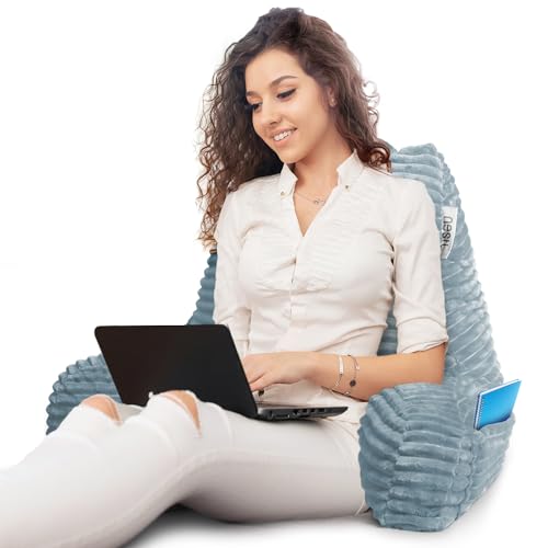 Image of Nestl Reading Pillow with Shredded Memory Foam, Luxe Cut Plush Back Pillow for Sitting Up in Bed, Back and Arms Adjustable Support for Adult & Teens, Backrest Pillows with Washable Cover Stone Blue