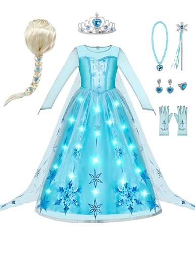 Spooktacular Creations 8 PCS Light-Up Ice Princess Dress for Girls Long Cape Princess Costume Sequin Snow Dress with LED for Kids Toddler Birthday Cosplay Halloween Party (Small (5-7 yrs))