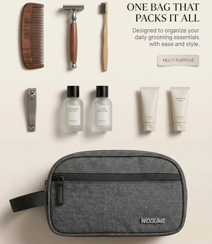 Image of Wooum Travel Toiletry Pouch for Men 1 Year Warranty Shaving Kit Bag Travel Pouch Organizer Medicine Bag Toilet Kit for Travel Small Travel Pouch Bag for Men & Women (Dark Grey)