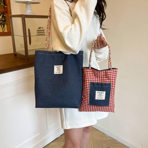 Reversible Plaid Hobo Bag, Denim Tote Bags Crossbody, Purse Charms, Casual Vintage Handbag,Suitable for Daily Travel Use