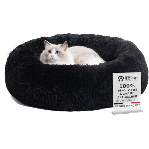 One PETS-TOP Panier Chien Rond - Lit pour Chien et Chat en Forme de Donut - Housse Amovible Lavable, Base Antidérapante - Coussin Moelleux et Dense 60cm Noir