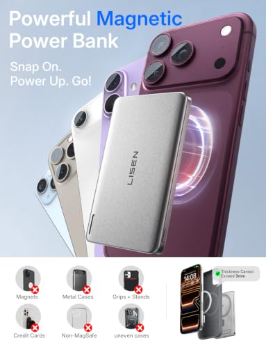 LISEN 0.3'' Ultra Slim [Qi2 15W] for MagSafe Battery Pack Power Bank for iPhone 18 pro Accessories, QI2 Certified 5000mAh Wireless Portable Charger,Travel Magnetic Power Bank for iPhone 18 Pro 17-12