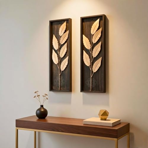 Image of DSH Leaf Wall Art Panels Modern Rustic Home Decor Wall Hanging Sculpture for Living Room, Bedroom & Office (45X15 CM) Decoration Item (Titan Leaf, 2 Frames)