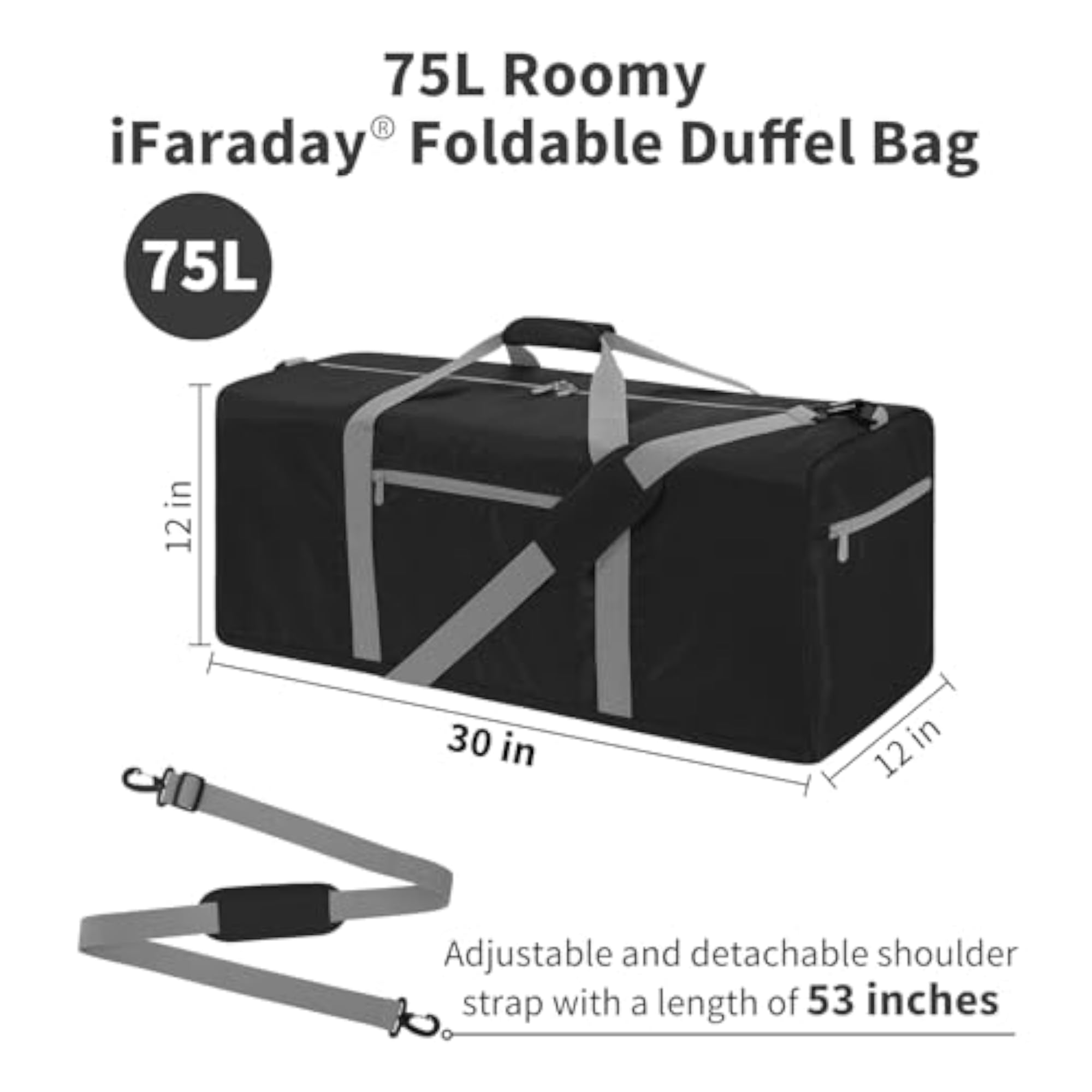 75L Foldable Duffle Bag, Black