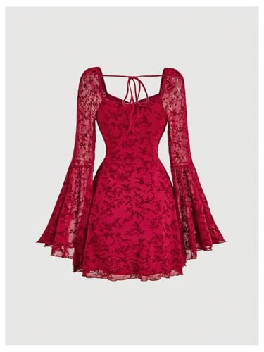 Image of WDIRARA Women's Floral Jacquard Gothic Bell Long Sleeve Dress | Mesh , A Line, Vintage