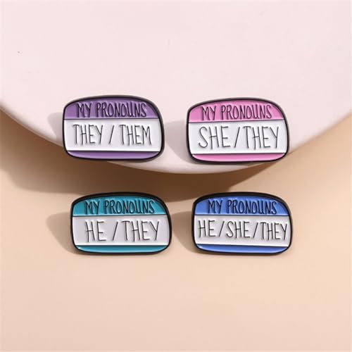 Image of zhanghaoran 4Pcs MY PRONOUNS HE /THEY Enamel Pins Third-Person Pronoun Brooches Lapel Pins Badges Clothes Hat Bags Accessories Jewelry Gift, White