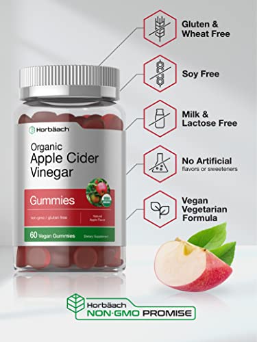 Organic Apple Cider Vinegar Gummies | 60 Gummies | Vegan, Non-Gmo & Gluten-Free Supplement | Usda Certified Organic Acv | Apple Flavor | By Horbaach #TOP3