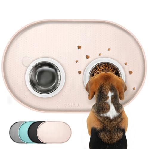 Conlun Tappetino Ciotola Cane, Tappetino Ciotole Gatto con Bordi Rialzati di 1,2 cm per Contenimento Degli Schizzi, Tappetino Silicone per Animali Senza BPA, Sottociotola per Cani(Beige,48x30 cm)