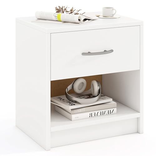 RELAX4LIFE Mesita de noche, mesita de noche con cajón y estante abierto, cómoda de noche de madera, 38,5 x 28 x 40,5 cm, mesa auxiliar, mesa de sofá para salón, dormitorio (blanco)