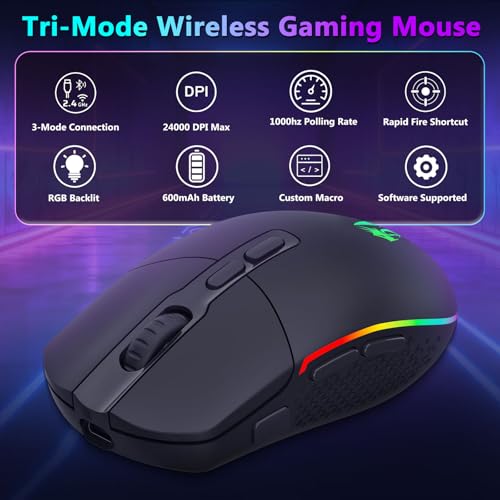 Image of Redragon Wireless Gaming Mouse, Bluetooth /2.4Ghz /USB-C Wired RGB Backlit Gamer Mouse, 24000 DPI, Fully Programmable, Rapid Fire Key, Rechargeable Computer Mouse for Laptop PC Mac, Black