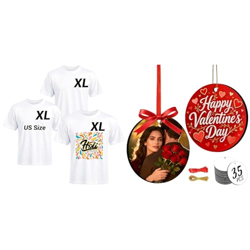 Joyclub Bundle of 3 PCS White Polyester T Shirts and 35 Pack 3'' Sublimation Ornament Blanks