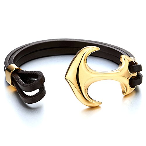 COOLSTEELANDBEYOND Mens Large Stainless Steel Gold Color Marine Anchor Bangle Bracelet Genuine Brown Leather Wristband4