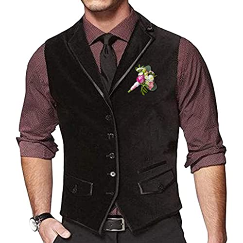 Men's Black Velvet Wedding Suit Vest with 2 Pockets Lapel 5 Button Formal Dress Waistcoat for Prom Party (Size : Large)