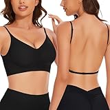 Low Back Bra Seamless Padded Bralettes for Women V Neck Mutiway Bras Halter Thin Strap Invisible Backless Bralette, Black, L