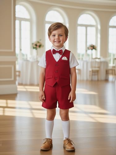 Image of Boarnseorl Baby Boys Shorts Sets, Infant Shirt+Shorts+Bow Tie+Vest,Toddler Gentleman Outfits Suits