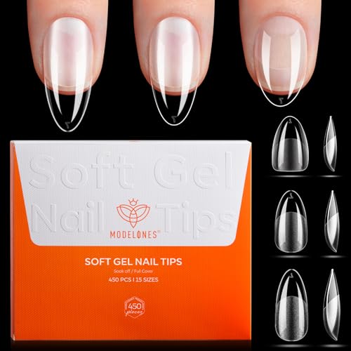 Image of Modelones Medium & Short & Extra Short Almond Nail Tips - Multi-type 3 Styles Set Gel Tips Half Matte Full Cover Clear Acrylic Gel Kit Fake Nails for Extension DIY Salon 450Pcs 15Sizes