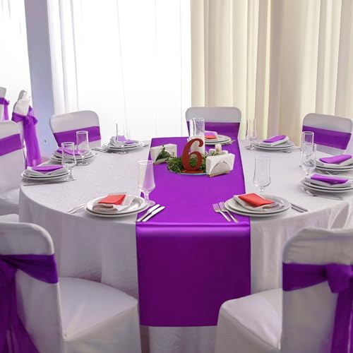 Image of 12Pack 12x108 Inch Satin Table Runner and 84 Inch Round Plastic Tablecloths Set White Purple Disposable Round Table Cover for Graduation Wedding Bridal Shower Anniversary Birthday Party Decorations
