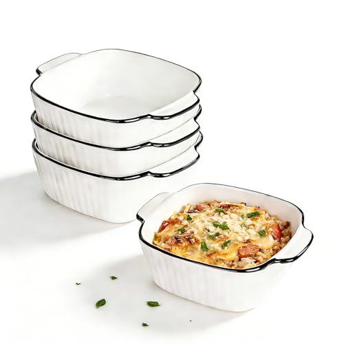 Ceramic Baking Dishes Set of 4 - Square Individual Pie Dishes - 400 ml Small Oven Dish with Handle - Ceramic Bakeware for Air Fryer