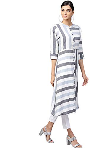 Image of INDO ERA Women's Cotton Striped A-Line Kurta(IE14KT3OW1012)