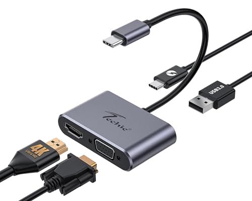 Image of Techie Type-C 4-in-1 Hub with HDMI 4K, VGA 1080P, USB 3.0 5Gbps, and 100W Power Delivery for MacBook iPad Pro Windows Laptops and Tablets (Silver)