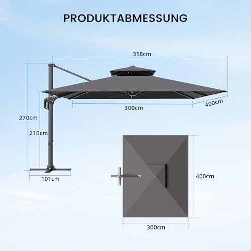 Amopatio Sonnenschirm Rechteckig 300×400 cm – Ampelschirm Groß 360° drehbar, UV50+ Sonnenschutz, Windfest & Wasserdicht, Ampelschirme mit Kurbel, Aluminium Sonnenschirme für Garten & Balkon, Grau