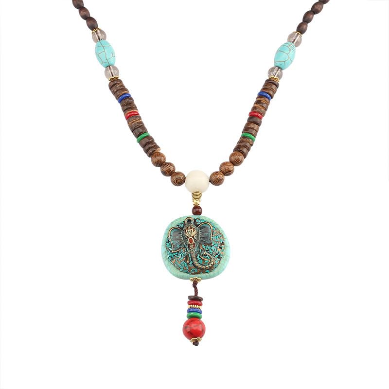 Naszyjnik w stylu vintage z zawieszką pokojową, długi łańcuszek z koralików (pomyślny łańcuszek z koralików drewnianych)